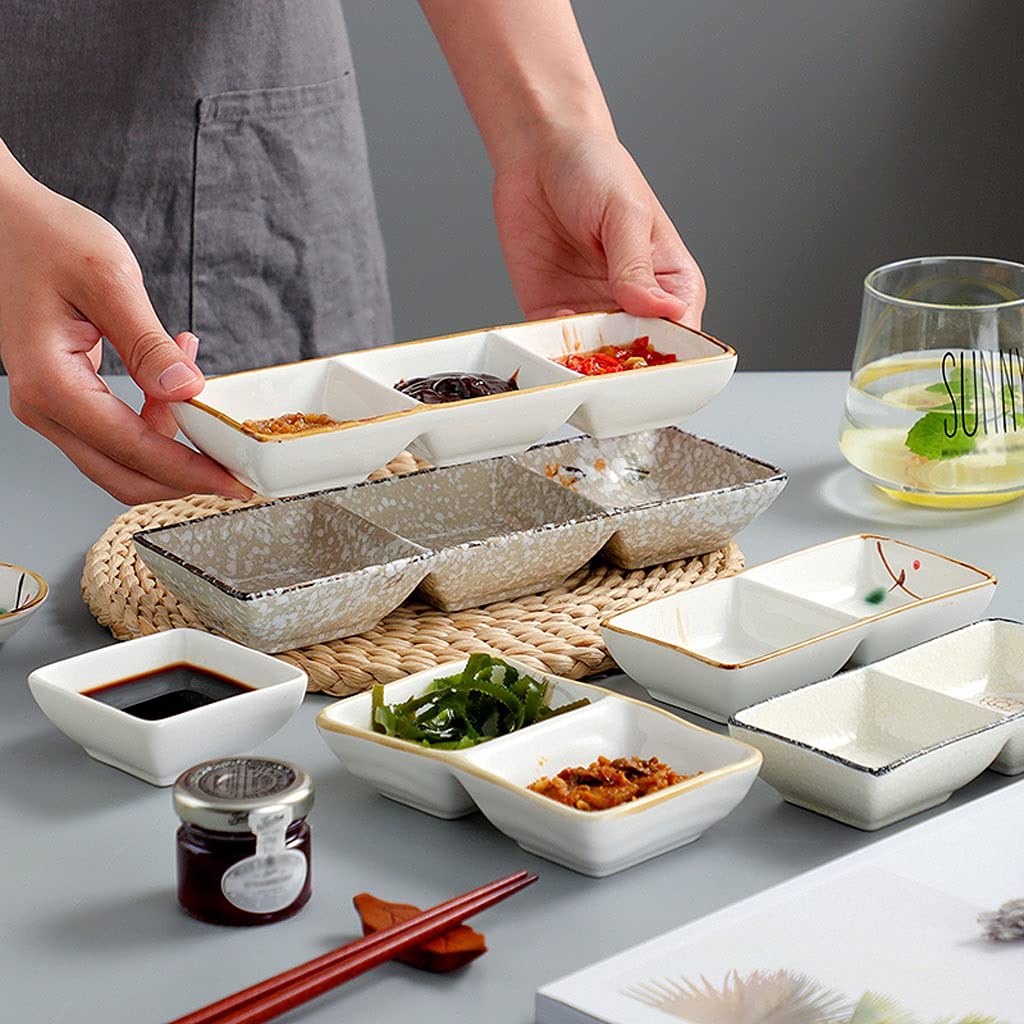 Soßenschale, Sojasoßenschale, Soßenschale aus Keramik, 3-Fach-Serviertablett für Vorspeisen, rechteckig, unterteilte Dip-Schalen für Sushi, Ketchup, Dessert, Vorspeise, Würzschalen, Dip (9,45 x 3,39