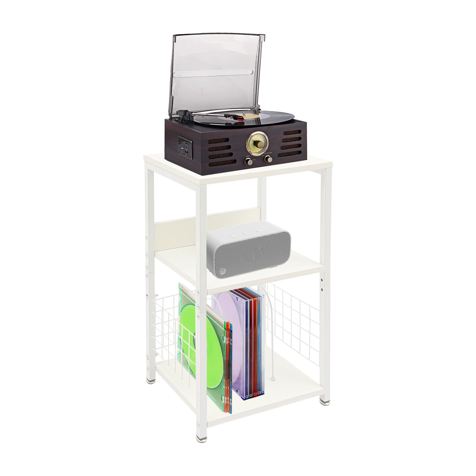 Mobile Vinile Stoccaggio a 3 livelli Ripiano Giradischi carico 45kg Struttura Ferro MDF Stabile Separatori Porta dischi Rimovibili Tavolo di Supplemento per Soggiorno Camera Ufficio