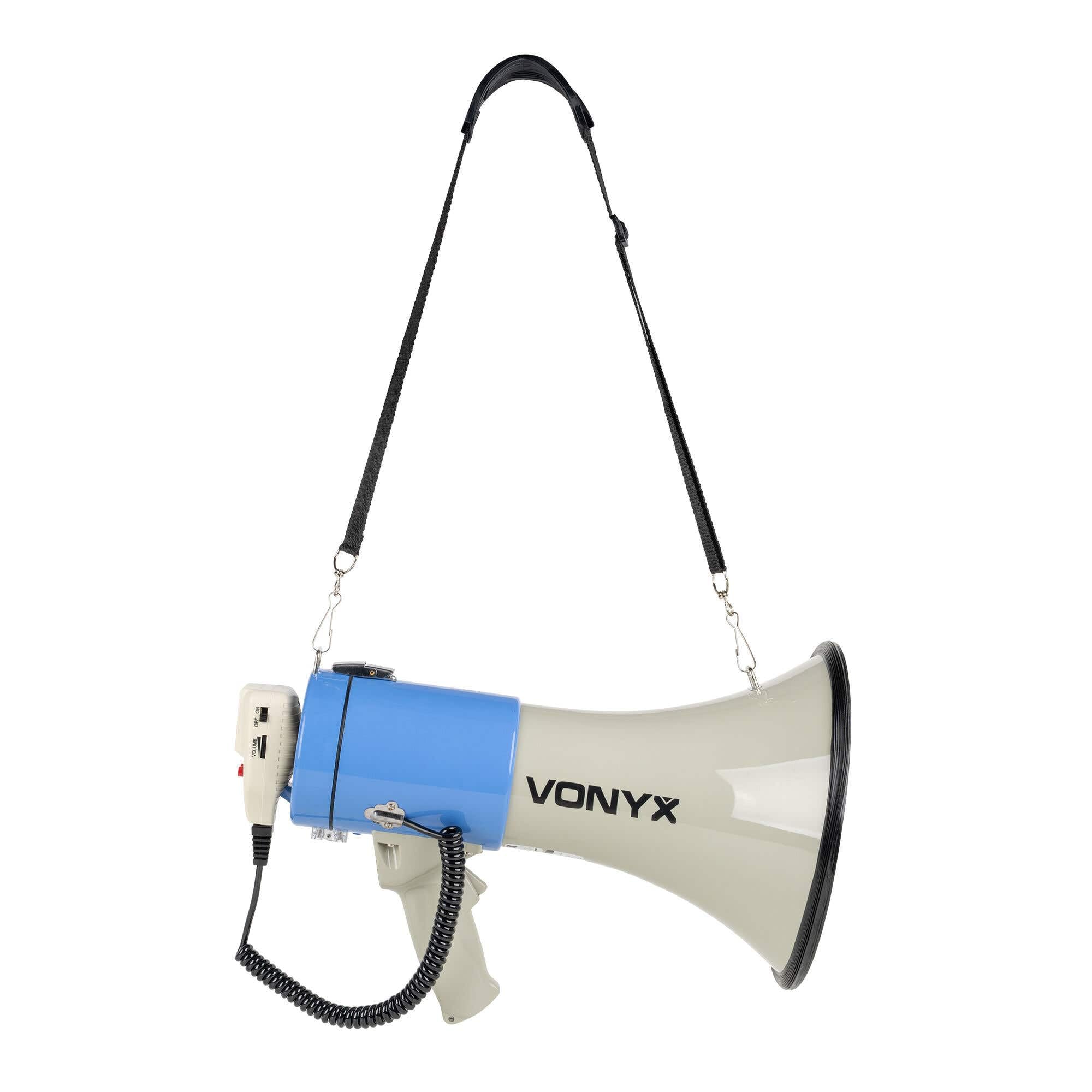 Vonyx MEG060, Megafon mit Sirene und Mikrofon, Aufnahmefunktion, 60 Watt, bis 1 KM, MP3, USB, SD, AUX, Megaphon mit Umhänge-Gurt, blau-weiß