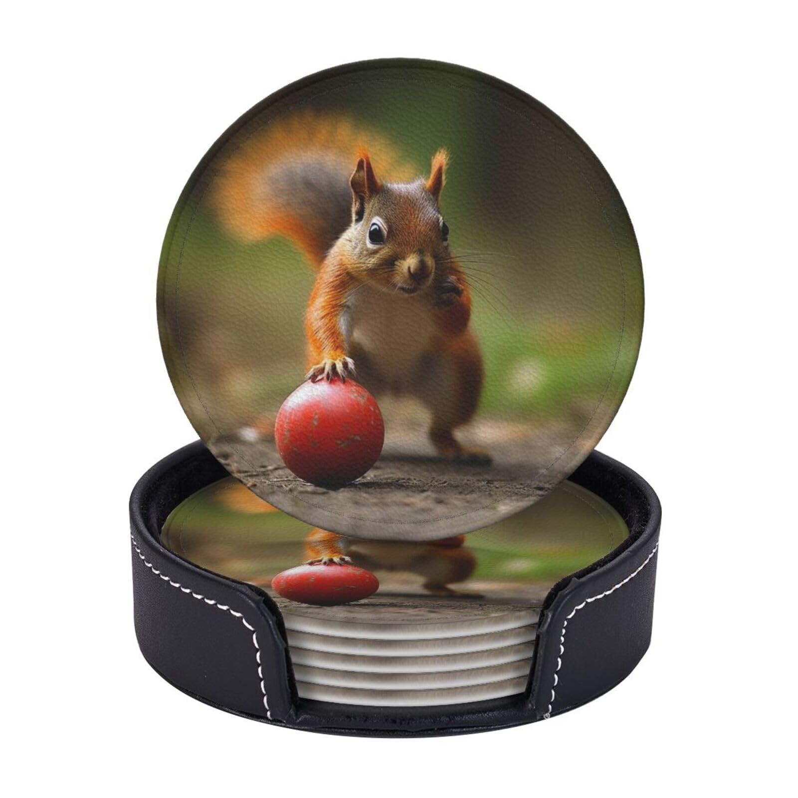 Drink Coasters 6Pcs Round Leather Coaster with Holder Squirrel Holding Fruit Coasters for Drinks Coffee Cup Mat Heat Resistant Coaster for Tabletop Protection Desk Accessories Office Home Decor