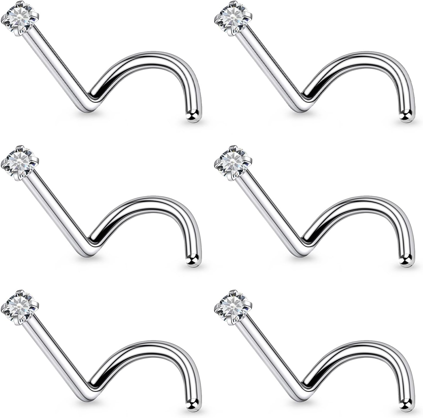 6Pcs Nose Rings Studs Surgical Steel L-Shape Nose Rings for Women 1.5mm Cubic Zirconia Nostril Screw Studs Hypoallergenic Nostril Piercings 24g 22g 20g