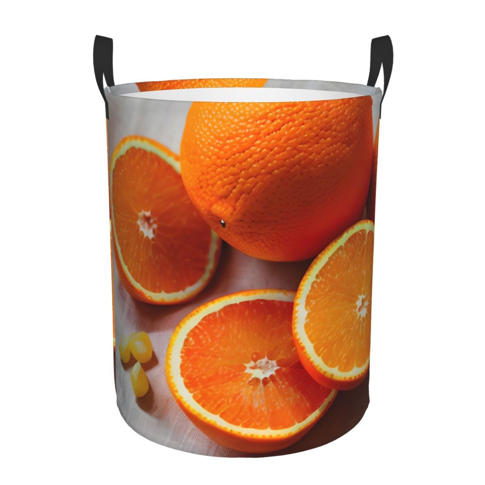 M Collapsible Laundry Hamper Round Fresh Orange Fruit Print Storage