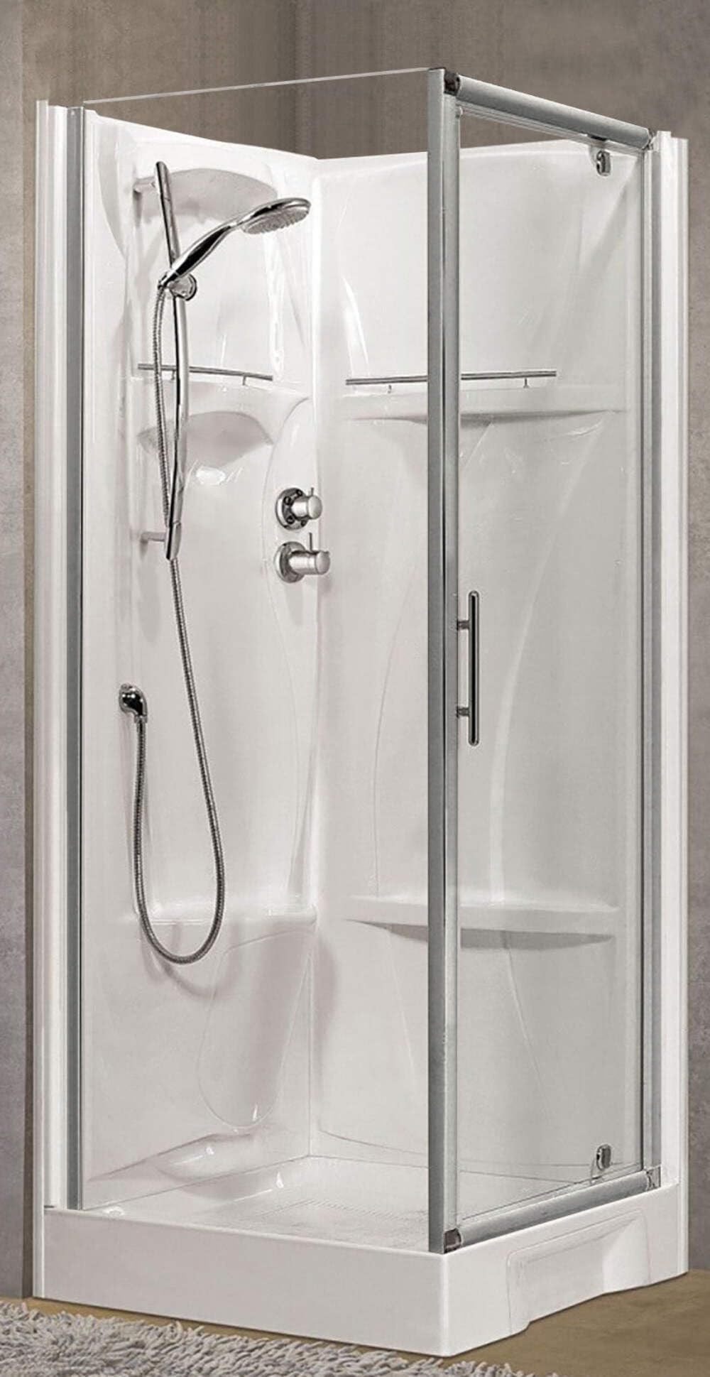 Novellini New Holiday GF90 Standard 90 x 90 cm Cabina de ducha multifunción apertura 1 puerta batiente + fijo ángulo izquierdo derecho mezclador mecánico cristal transparente perfil plateado altura