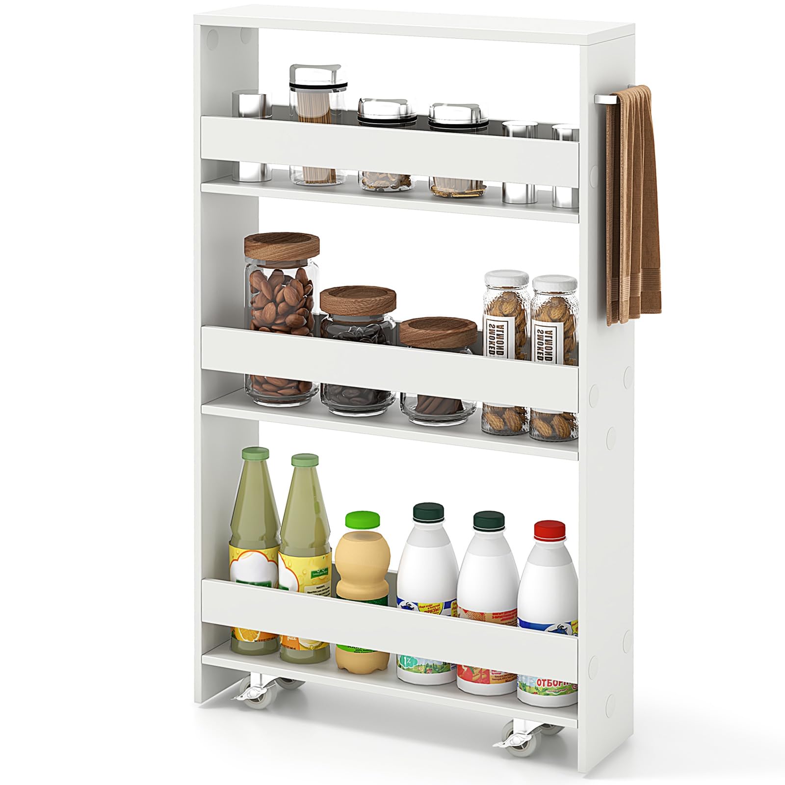 COSTWAY Nischenwagen 13cm breit, Nischenregal Badregal 4 Etagen, Nischenschrank auf Rollen, Servierwagen schmal, Küchenwagen mit Griff, Rollwagen Bad, Holz, 47,5x13x80,5cm (Reines Weiß)