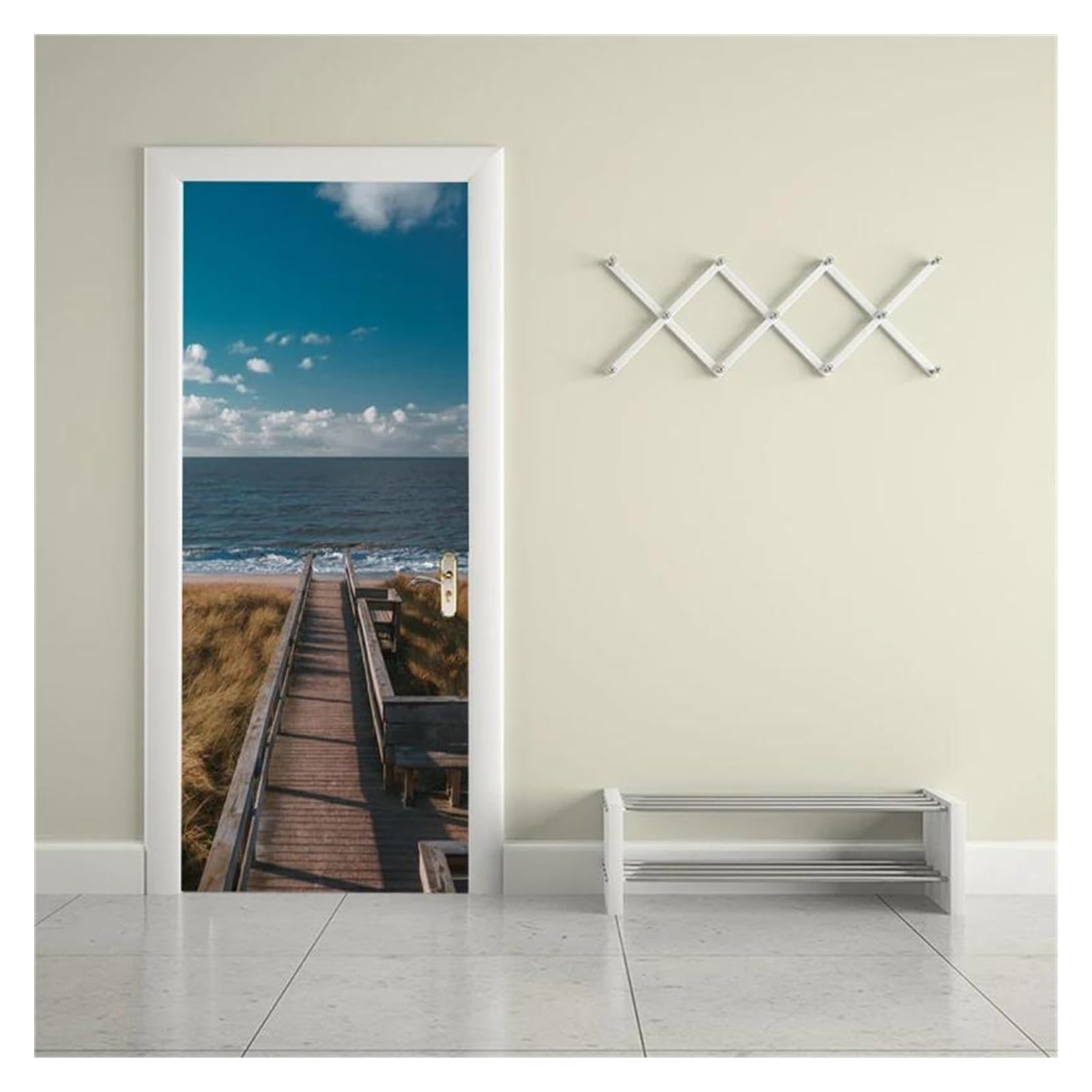 Sticker de porte vue sur la mer pont en bois 77x200cm pour trompe l oeil mural de maison