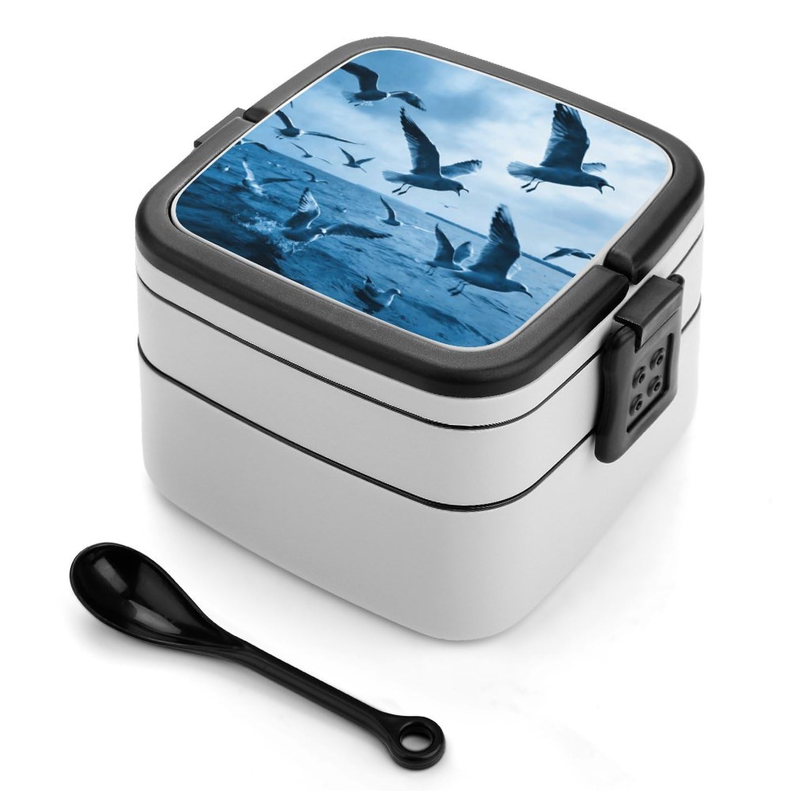 LZQPOEAS Flocks of Seagulls Follow The Wind. Bento Box with Handle Spoon Portable Leak-Proof Lunch Box 1000 ML Large Insulated Adult Lunch Boxes 2-Layer Stackable Lunch Container for Work Gym Outdoor
