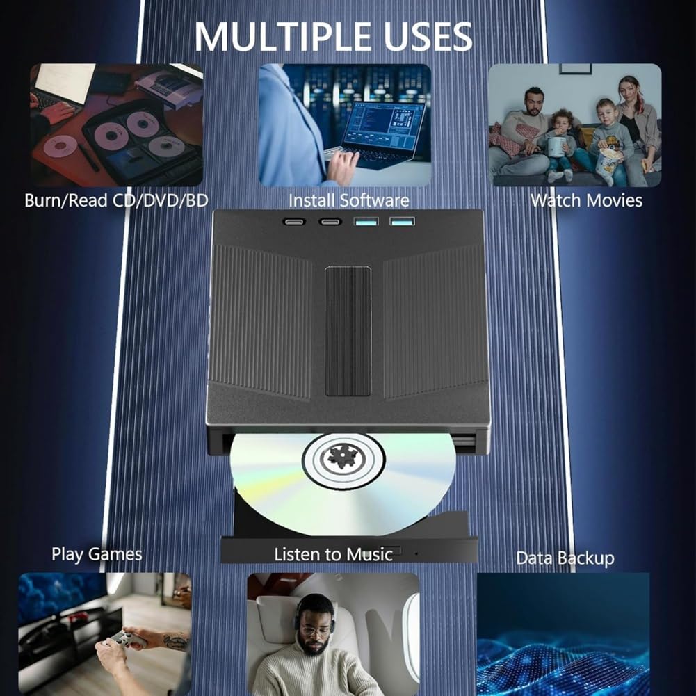 Unidad de BLU-Ray Externa 7 en 1, Compatible con Lectura y Escritura de Discos de 100 GB, Grabadora de BD/CD/DVD para PC, Portátil y de Escritorio.