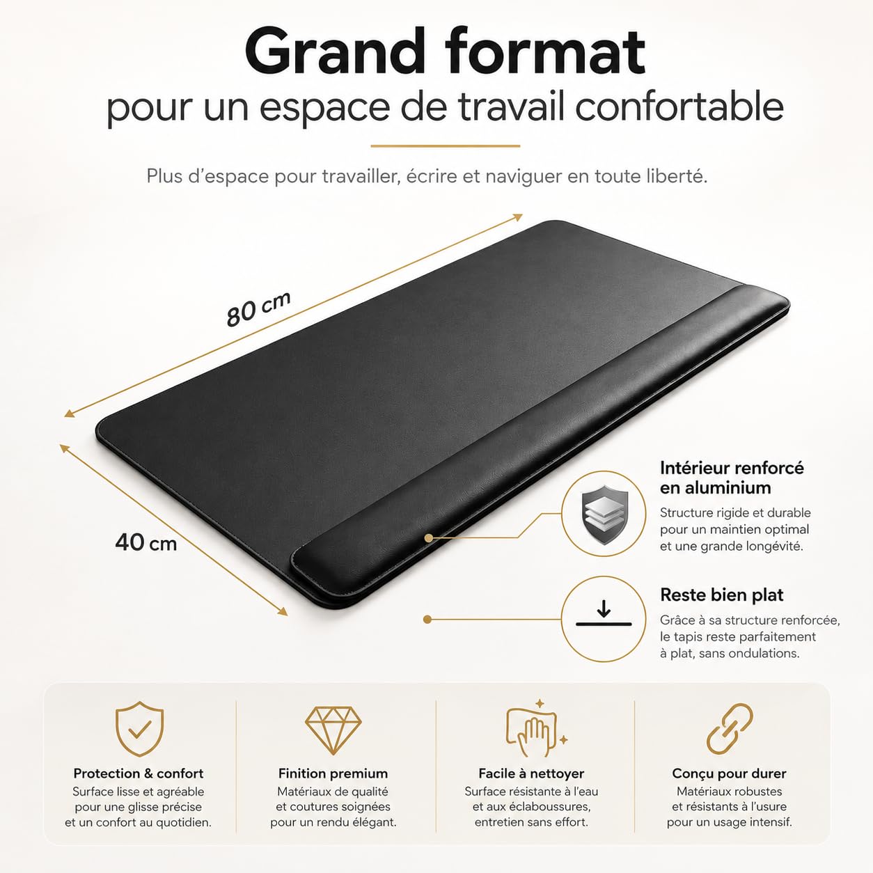 Sous-main de bureau noir en cuir PU premium 80x40 cm avec repose-poignet magnétique – Tapis de souris XL antidérapant, élégant et confortable