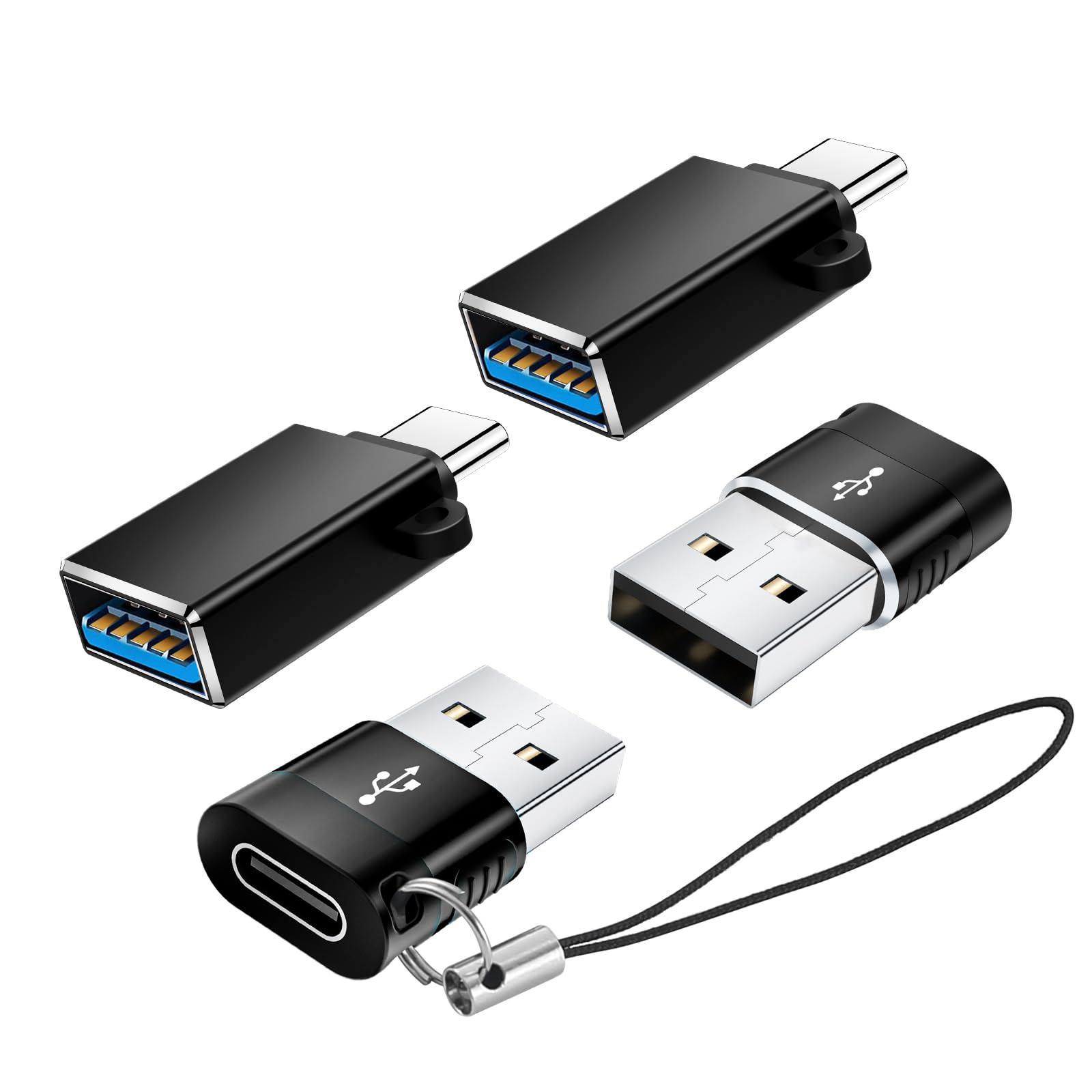 BaseNew USB Type C アダプター 4個パック、USBC - USB アダプター、Type C アダプター、USBC オス - メス データ同期充電ケーブルコンバーター iPhone 15、MacBook Pro、iPad、Car Play用、ブラック
