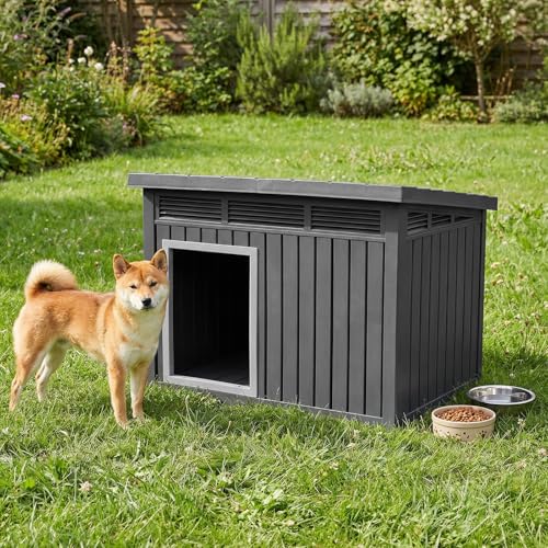 COSTWAY Hundehütte für Outdoor & Indoor Hundehaus mit aufklappbarem Schrägdach Entwässerungslöcher Gasdruckfeder & Belüftungsöffnungen Hunde Hütte für kleine & mittelgroße Hunde 81 x 64 x 61 cm