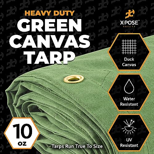 Image of Xpose Safety Canvas Tarp - 10oz Green Canvas Tarps Heavy Duty Water Resistant with Brass Grommets- Multipurpose Outdoor Tarpaulin for Camping, Canopy, Trailer, Equipment Cover 10' x 12'