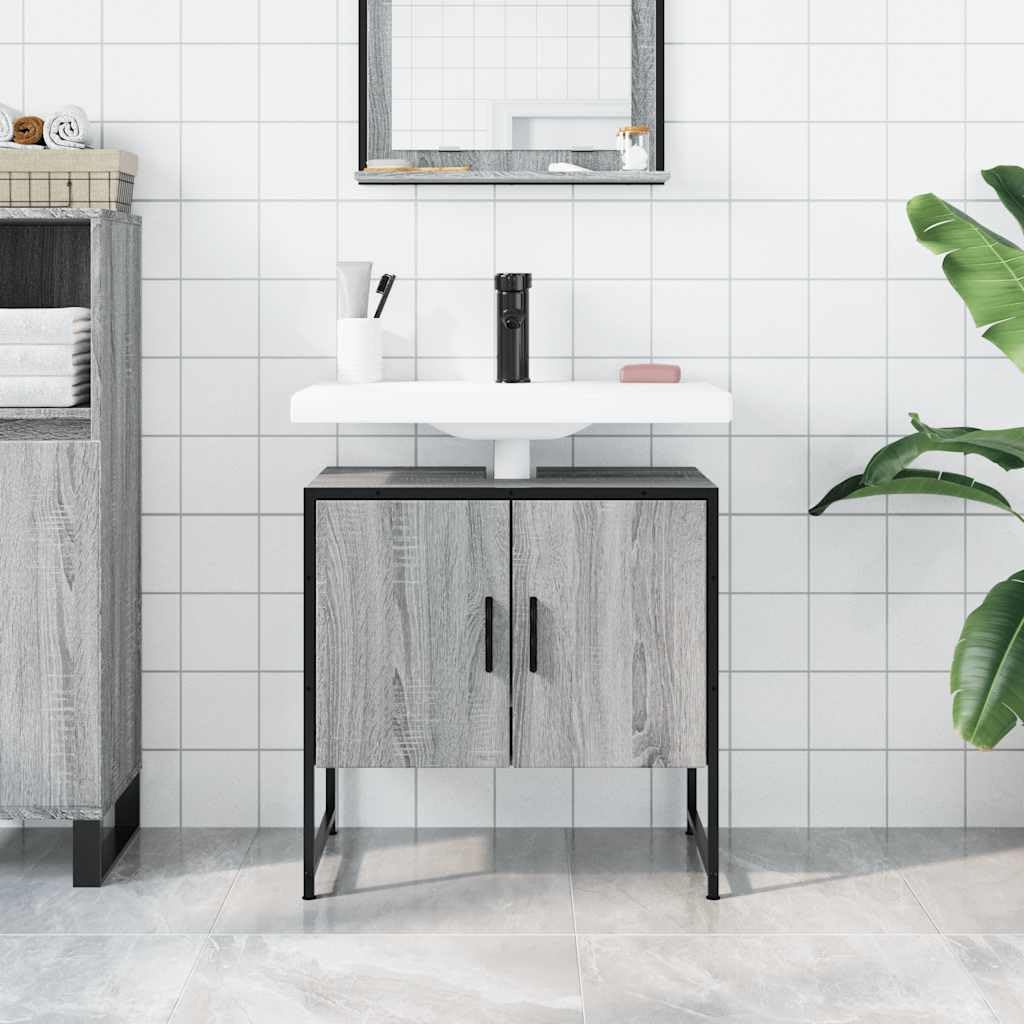Mobile sottolavabo grigio Sonoma in legno e acciaio verniciato a polvere, 60 x 33 x 60 cm, con molto spazio per riporre oggetti, salvaspazio per bagno, WC degli ospiti, montaggio a parete