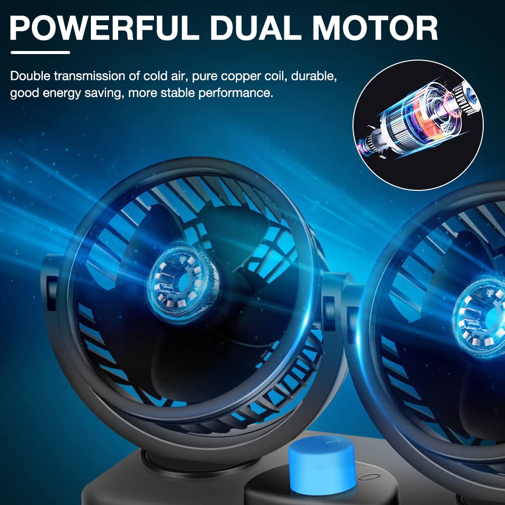 Ventilatore per auto a doppia testa, USB, 5V, raffreddamento 360°, compatibile con aria condizionata, basso rumore