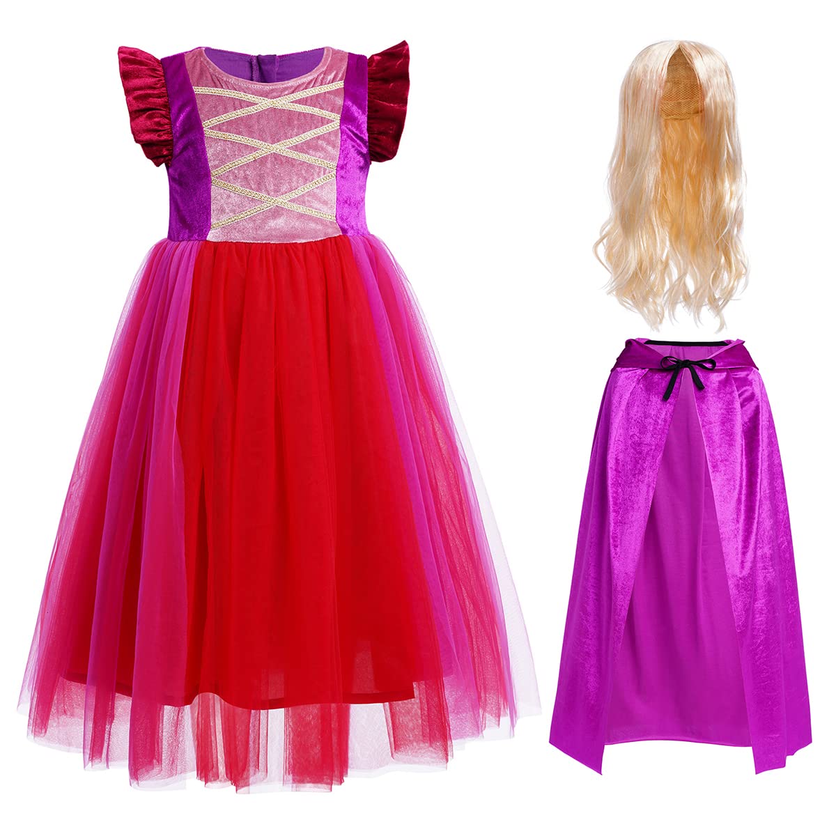 IWEMEK Déguisement Hocus Pocus Sorcière Enfant Robe Tutu pour Fille avec Cape et Perruque – Costume Halloween Élégant en Tulle Multilayer de Carnaval