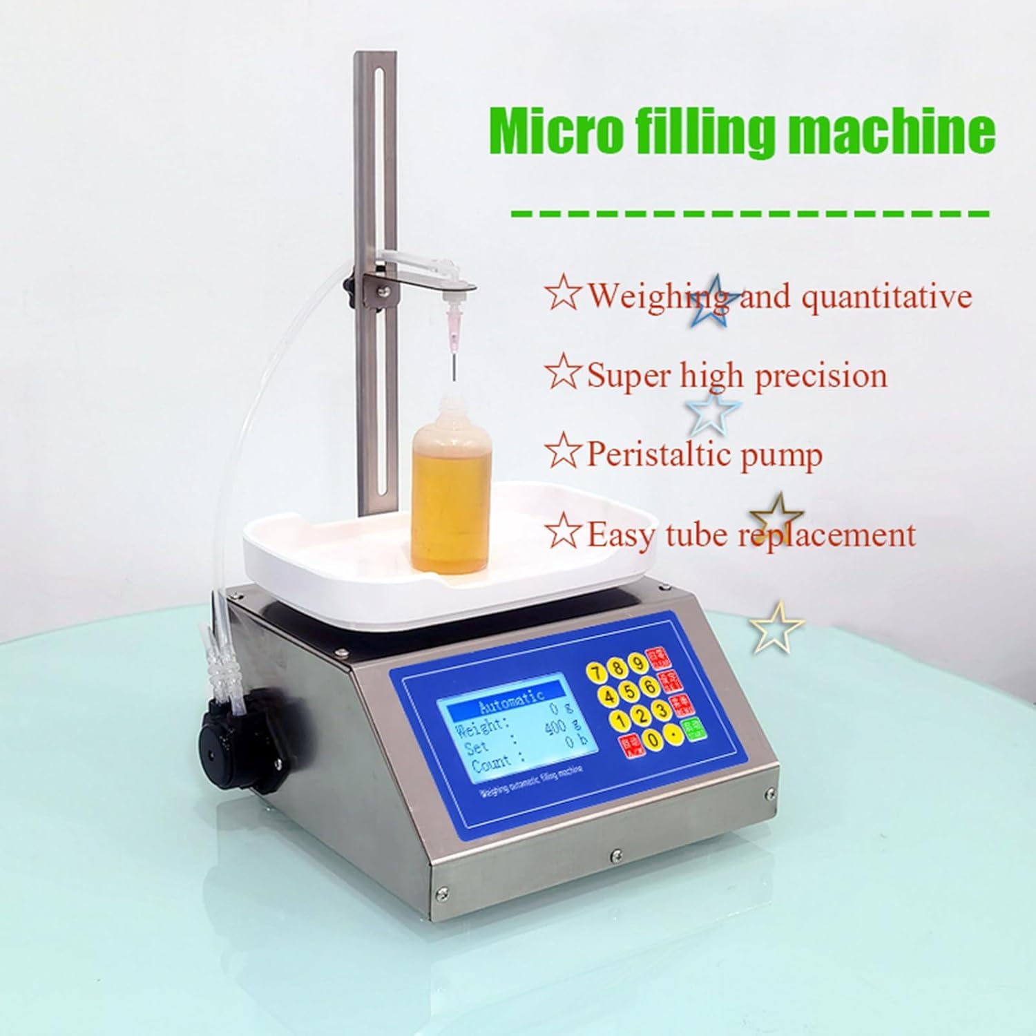 Quantitative Flüssigkeitsfüllmaschine, Füllvolumen 0,5 ml - 50 ml, Schlauchpumpen-Flüssigkeitsfüllmaschine, Durchflussmenge (max) 90 ml/min, für Parfüm, Wasser, Milch, Saft, ätherische Öle