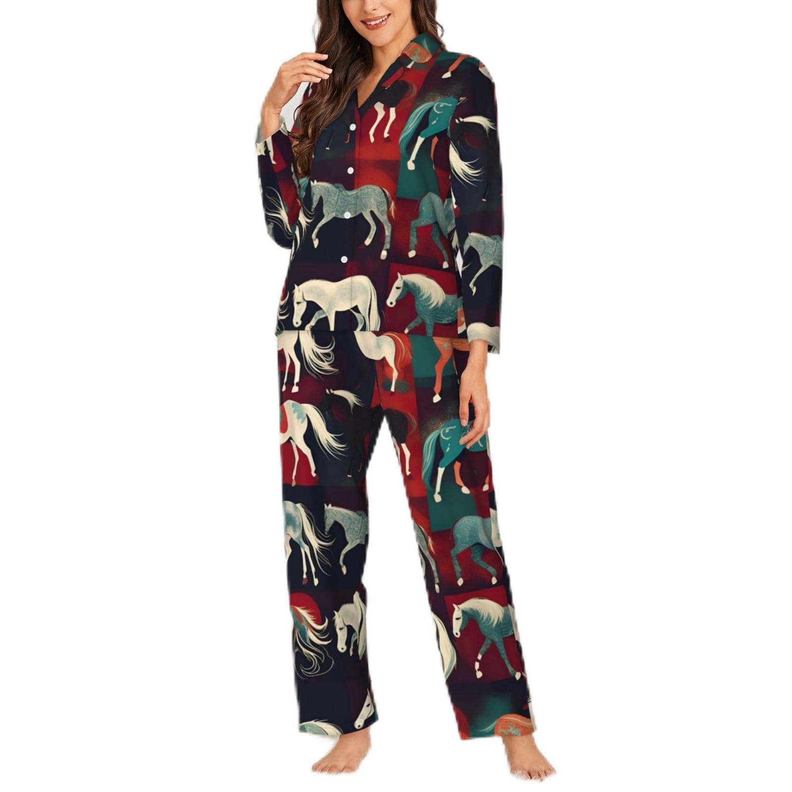 Yyoretp Women's Black Various Kinds Of Horses Print Long Sleeve Pajamas Button Down 2 Piece Pjs With Pockets,Warm Sleepwear