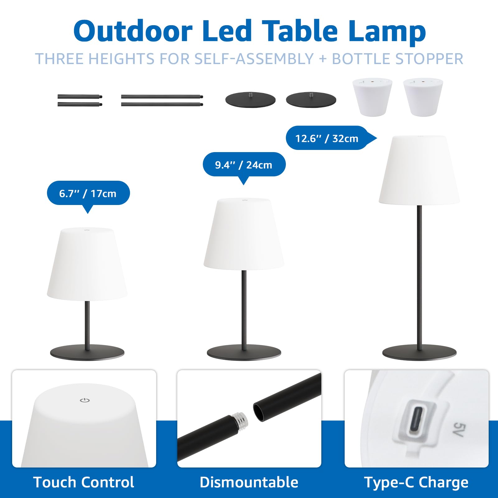 2 Stück Tischlampe Kabellos LED Akku Kleine Nachttischlampe Mini 8 Farben USB-C Aufladbar Tischleuchte Outdoor Indoor IP44 8-10h Akkulaufzeit Höhenanpassung Schwarz