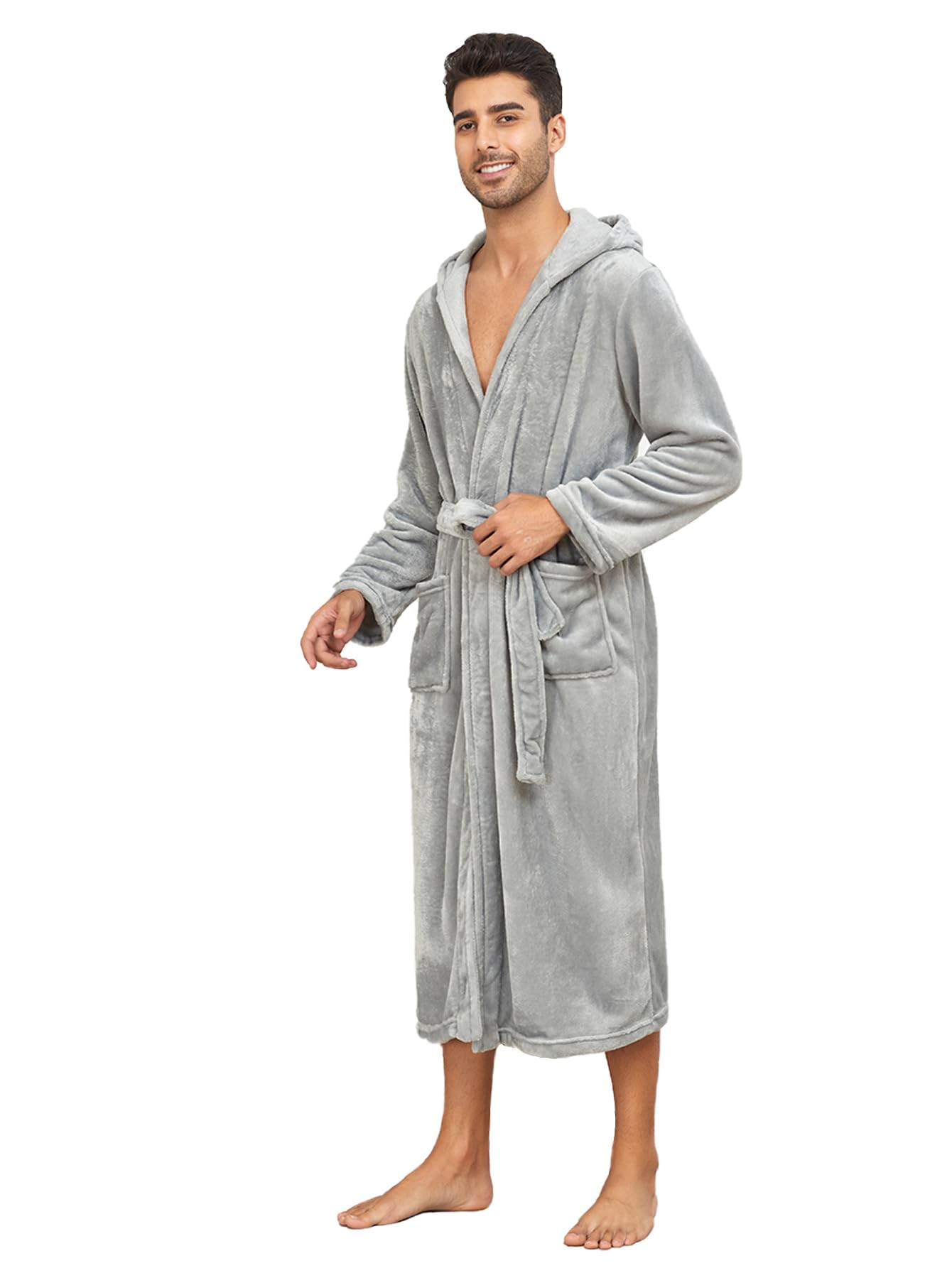 RONGTAI Accappatoio Uomo in Flanella con Cappuccio, Lungo con Cintura - Massimo Calore e Comfort, Ideale per Inverno, Casa, SPA e Regalo