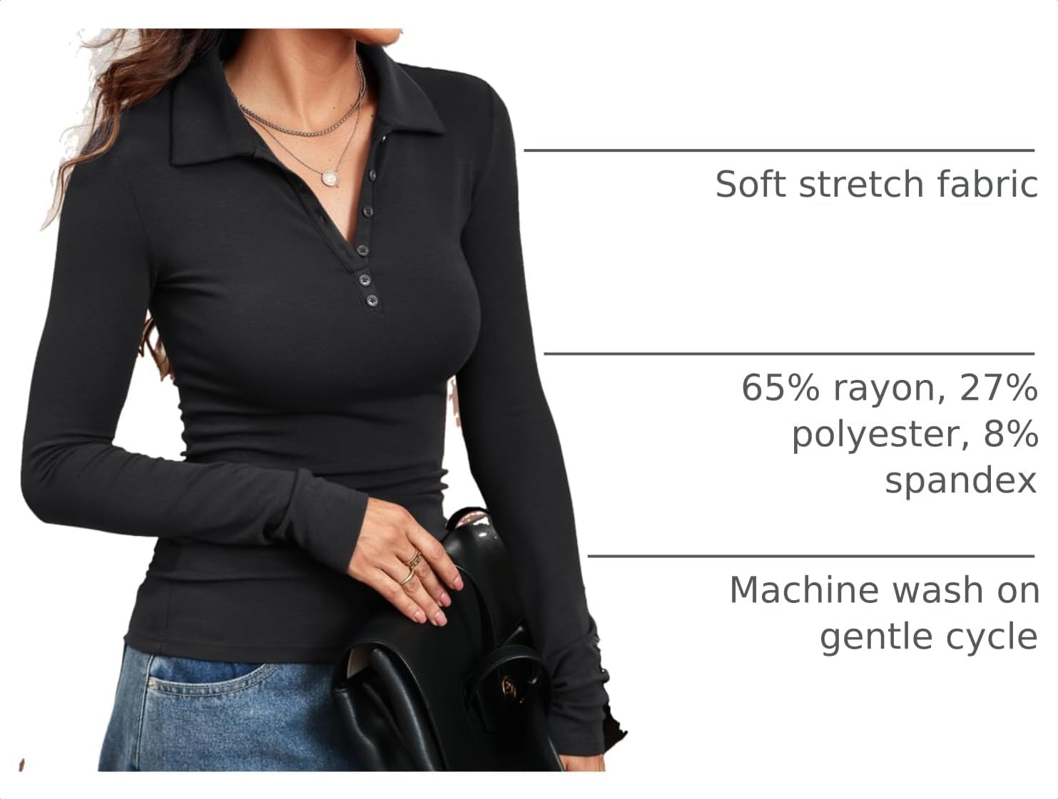 Prettywear V Neck Long Sleeve Shirts for Women Trendy Casual Fitted Collared Basic Cute Polo Tops Button T-Shirt 2025 Fall