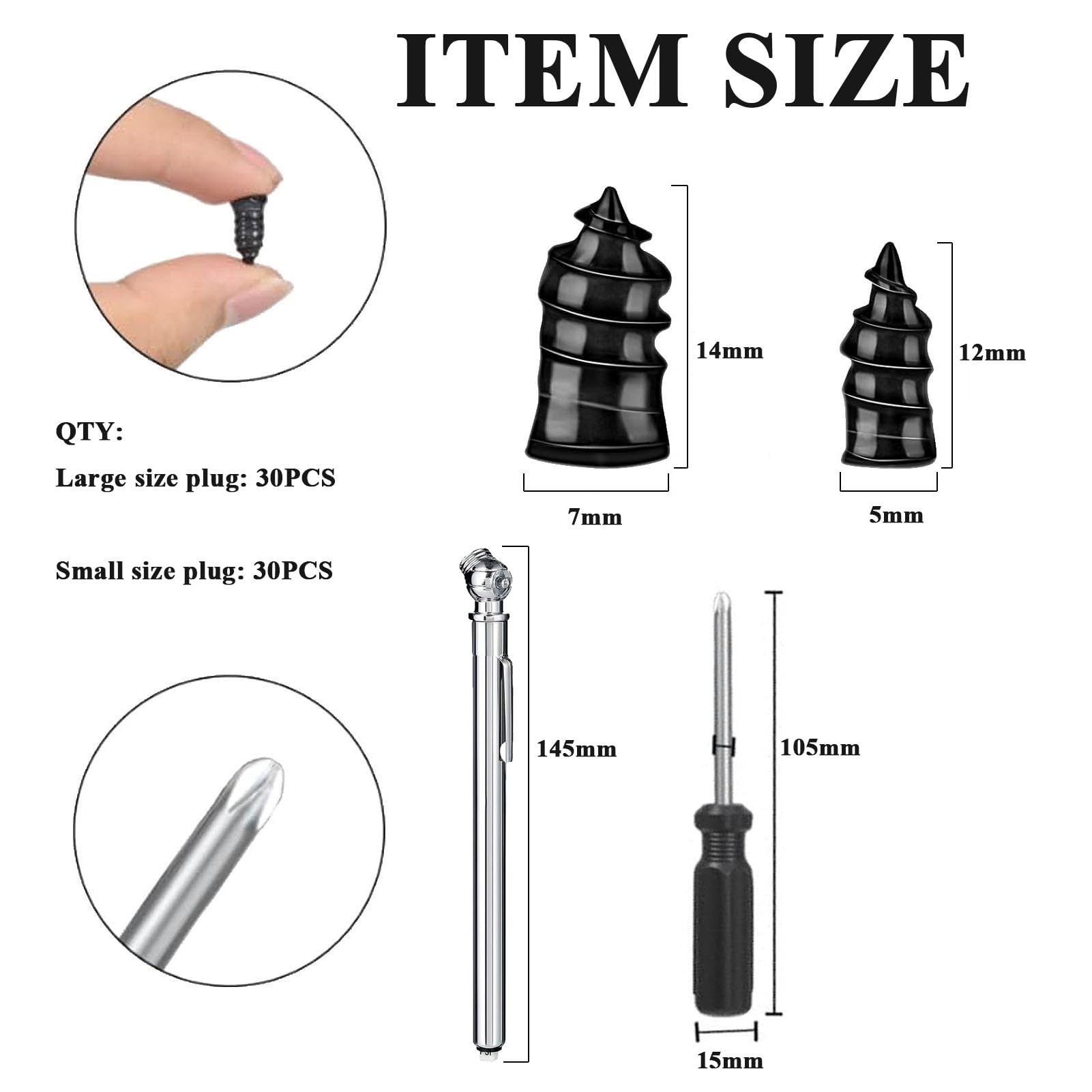 DuDuZui 60 Piezas Kit Repara Pinchazos Coche, Clavo de Goma para Neumáticos con Destornillador, para Coche, Moto, Bicicleta, Camión, con 1 Manómetro de Presión para Neumáticos a Lápiz (30S+30L) — view 4