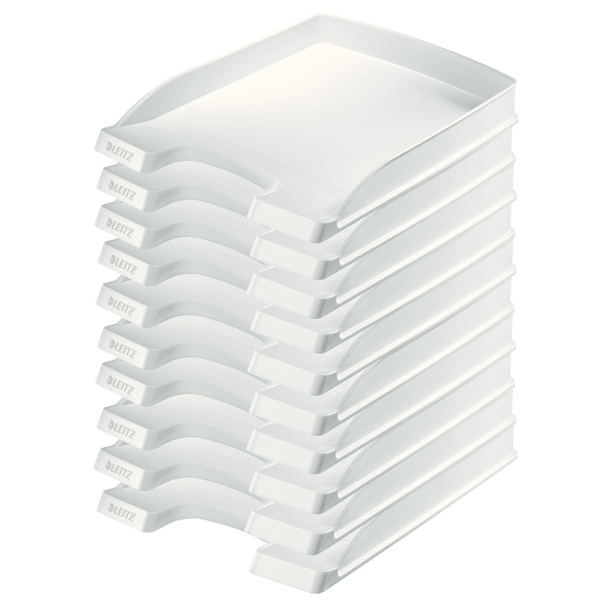 Leitz Letter Tray Flat A4, Pack of 10, Ideal for Storing and Organising A4 Documents, Stackable, White, Plus Series, 52370001