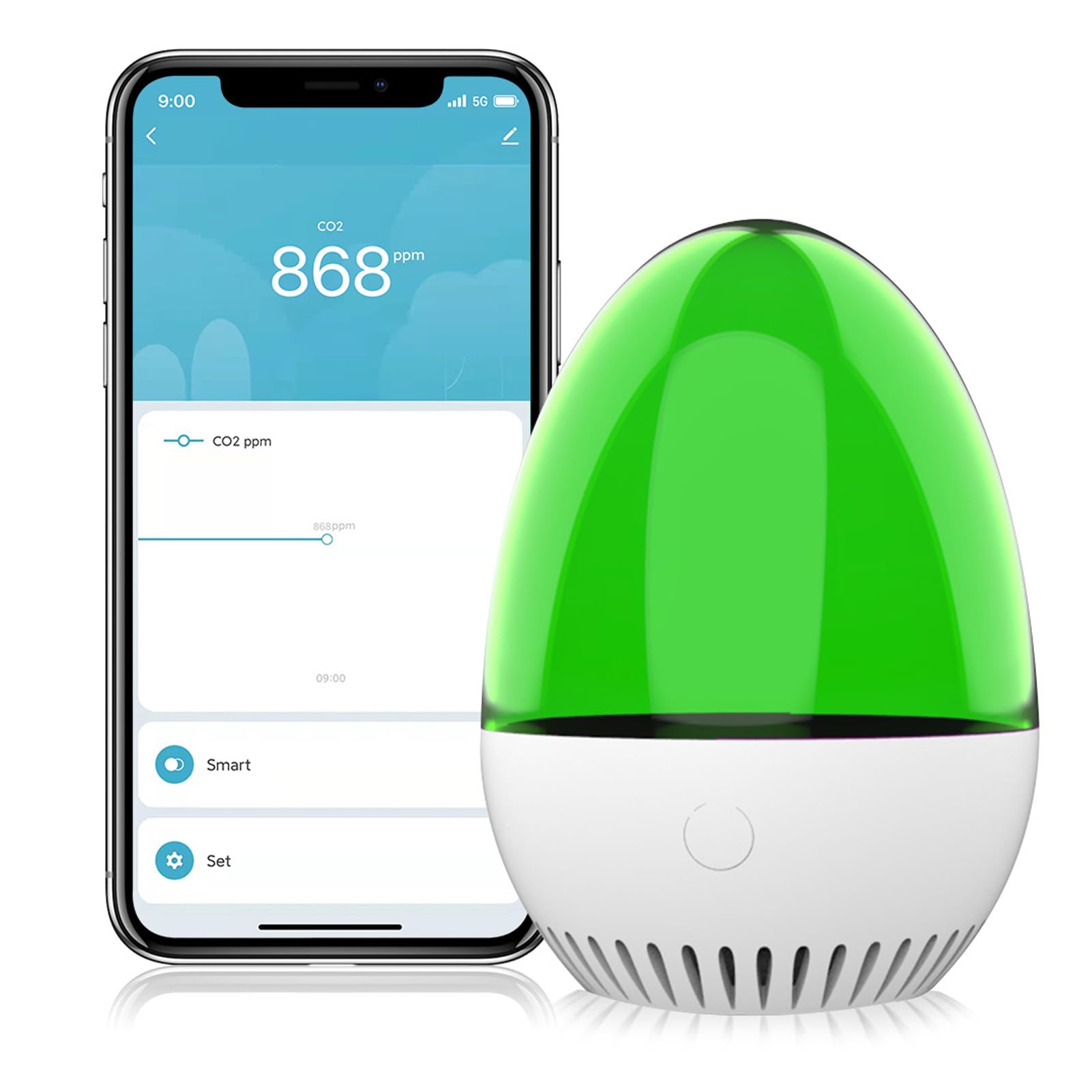 Misuratore di qualità 'aria CO2 a forma di uovo caldo intelligente con Wi-Fi, misuratore di qualità 'aria domestica, rilevatore di monossido di carbonio per interni
