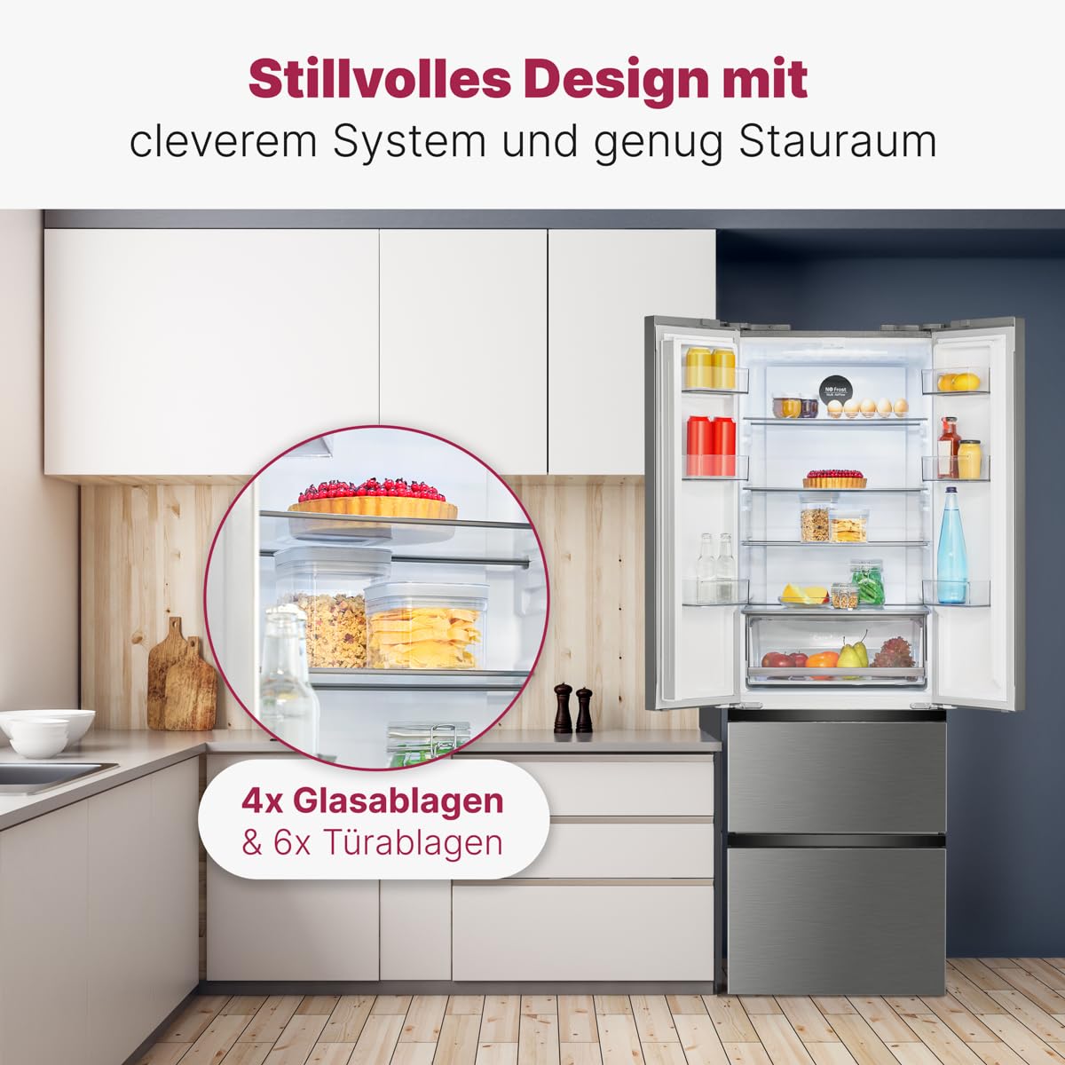 Bomann, Frigorífico y Congelador de Acero Inoxidable 400L KG7354-Inox, Frigorífico 251L y Congelador 149L Capacidad, Sistema MultiAirflow, Pantalla Táctil LED, No Frost, Ahorro Energético, 37 dB