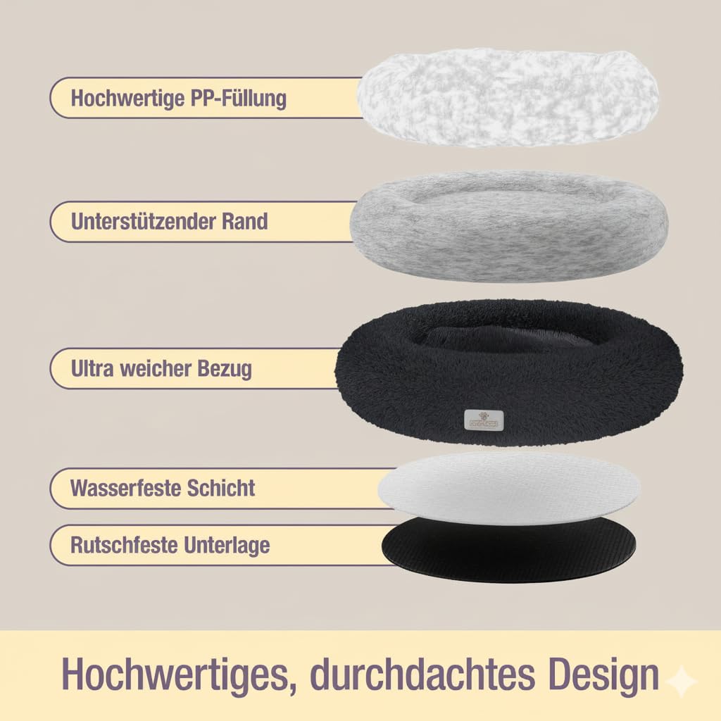 pfoten&nasen® Wolke 7 Hundebett L (85cm, Braun/Weiß) – Flauschiges Donut-Hundekörbchen für mittelgroße Hunde, rundes Hundekissen mit Wendekissen, Abnehmbarer Bezug, waschbar, rutschhemmend