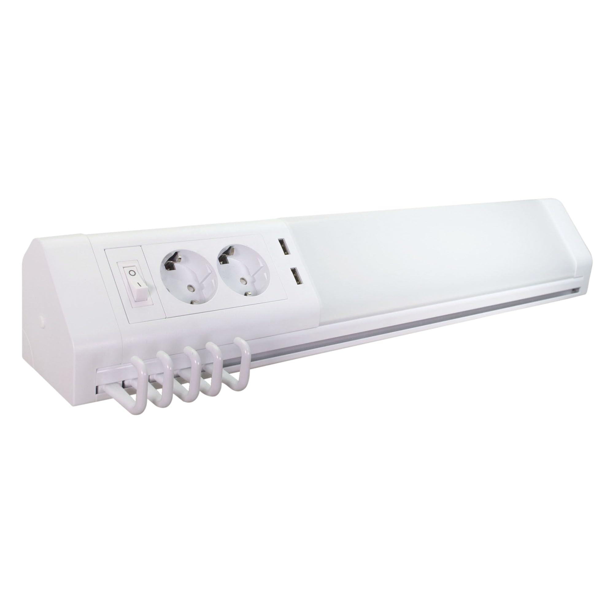 TIBELEC Réglette LED Blanc 11W, 1000 lm, 4000K, interrupteur on/off, 2 prises 240V + 2 USB, 5 crochets, garantie 5 ans