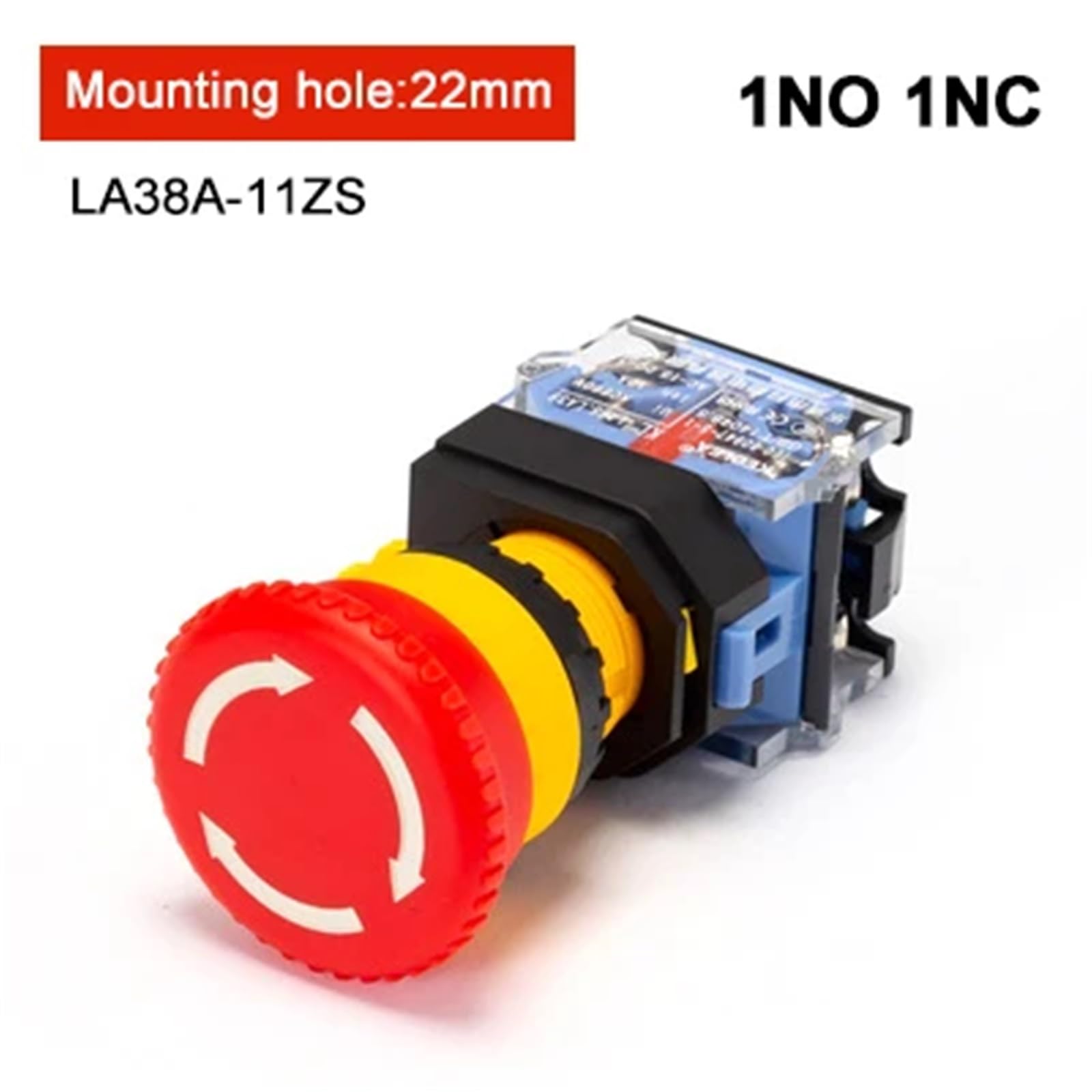 1 Uds LA38-11ZS autobloqueo 22mm botón de encendido de emergencia interruptor de botón de parada de emergencia con cabeza de seta(Compatible,1NO 1NC)