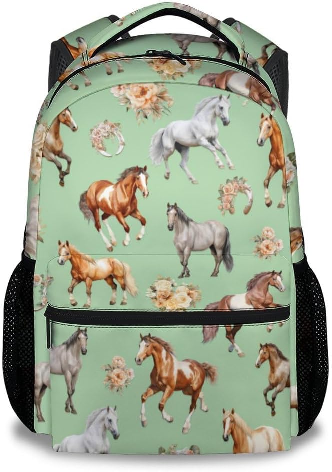 Backpacks for School, 17 Inch Aesthetic Horse Backpack for Girls, Green Lightweight Bookbag for Kids