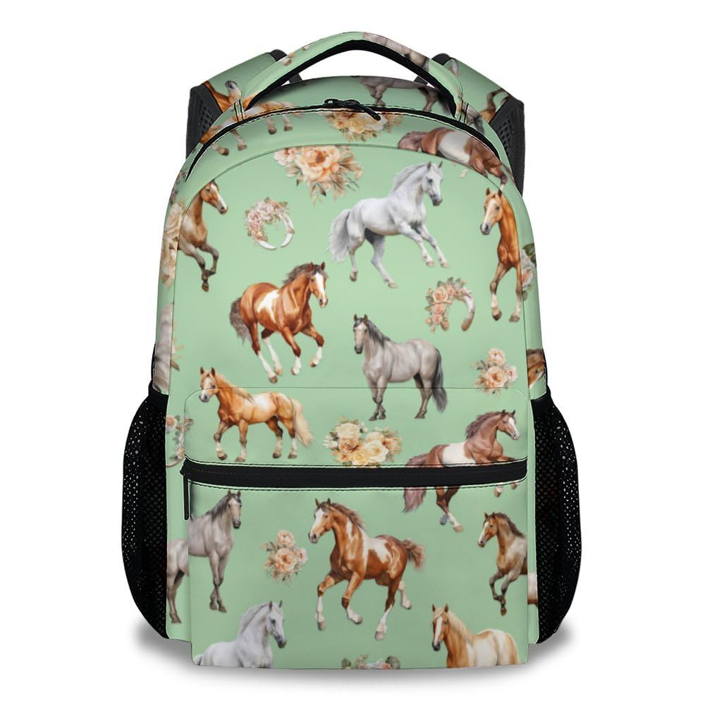 NICEFORNICE Backpacks for School, 17 Inch Aesthetic Horse Backpack for Girls, Green Lightweight Bookbag for Kids