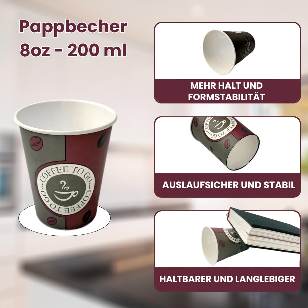 Kaffeebecher 200ml - 1000 Stück | Auslaufsichere Kaffeebecher to go Einweg - Ideal für Heißgetränke wie Kaffee, Cappuccino oder Tee | Stabile Espressobecher bzw. Pappbecher als Einwegbecher