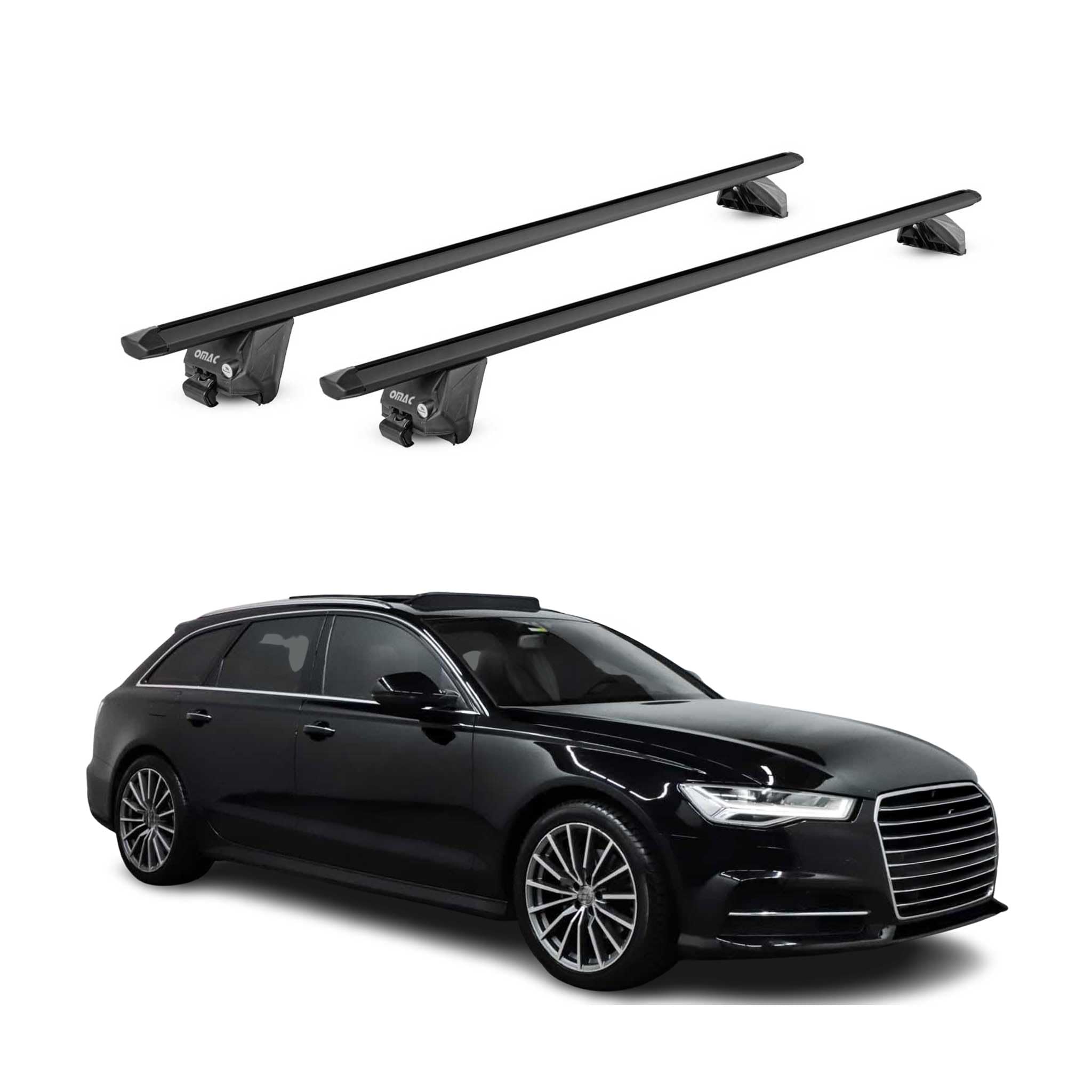 OMAC Dachträger Aluminium TÜV geprüft für Audi A6 C7 Avant 2011-2018 – Für integrierte Dachreling – T Nut – Max 100 kg – 2 Schlösser Schwarz