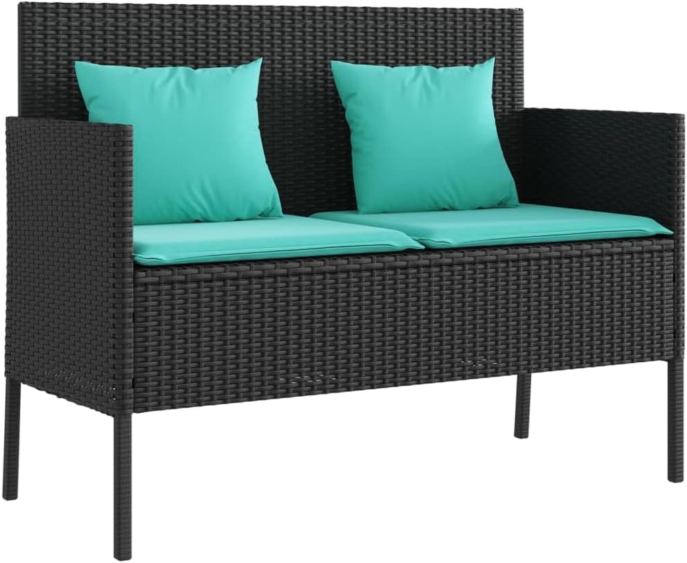 Patio Loveseat Wicker 2-Seat Bench with Blue Cushions, 2-Person Wicker Garden Patio Benches Seating Furniture with Storage Space, Rattan Porch Chairs Bench, Black Poly Rattan