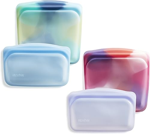 Stasher Bolsas de almacenamiento de alimentos reutilizables de silicona premium, paquete de 4, teñido anudado multiuso, bolsas de almacenamiento de