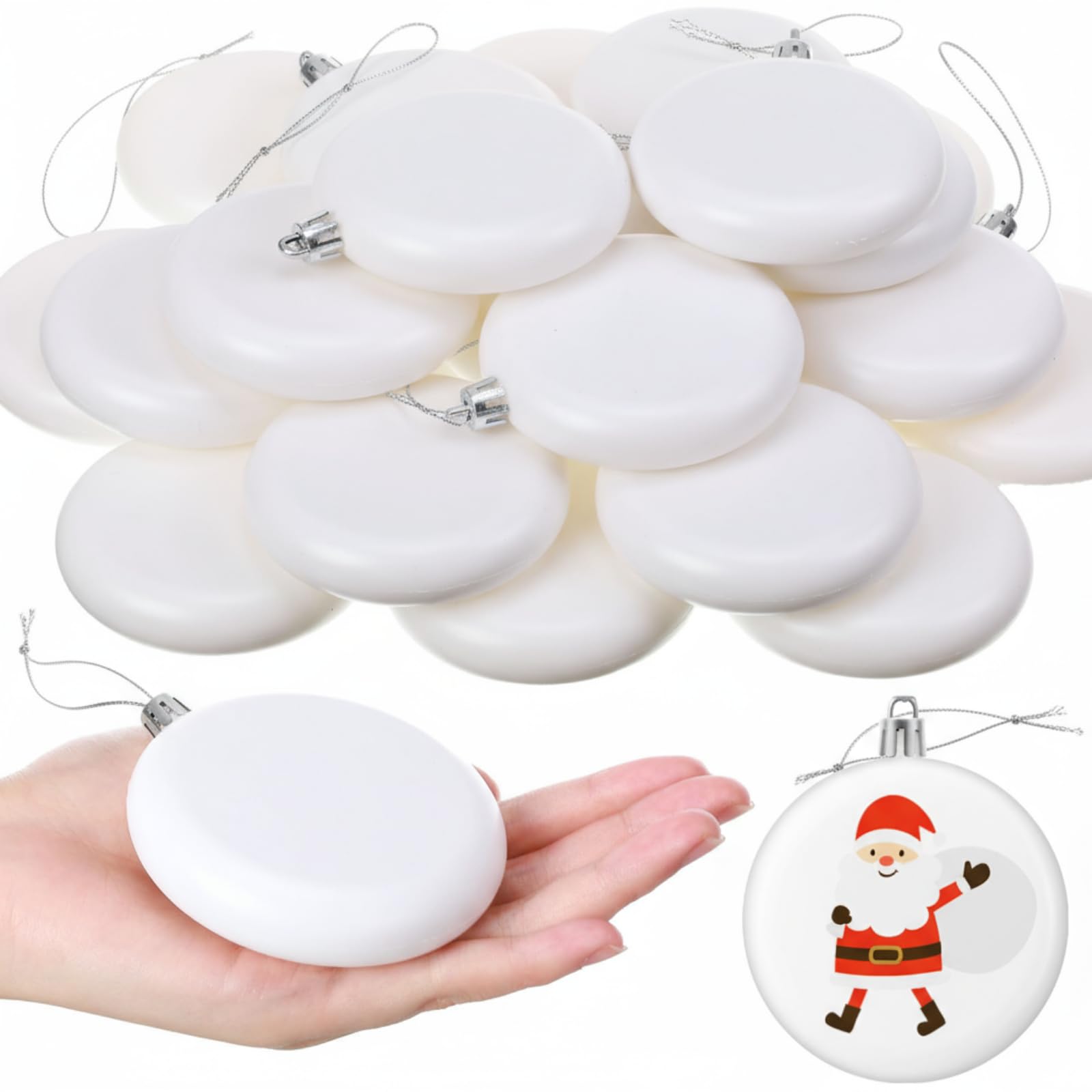 Foilswirl 30 Pcs Christmas Blank White Ball Ornaments 3.15 Inch Plastic White Matte Flat Discs Ball Christmas Tree Hanging Decorations DIY Xmas