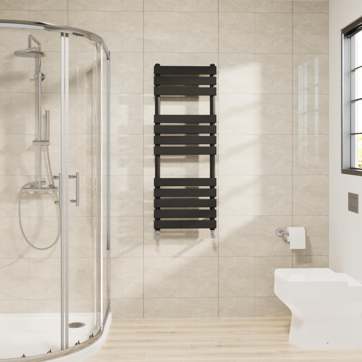 Warmehaus Flat Panel Heated Towel Rail Black Bathroom Radiator 1200x450mm