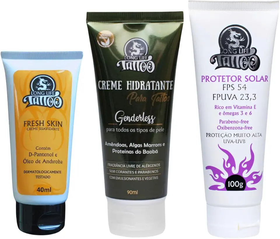 Hidratante tattoo Vegano 90ml + creme pós tatuagem 40ml + Prtotetor Solar 100ml FPS54