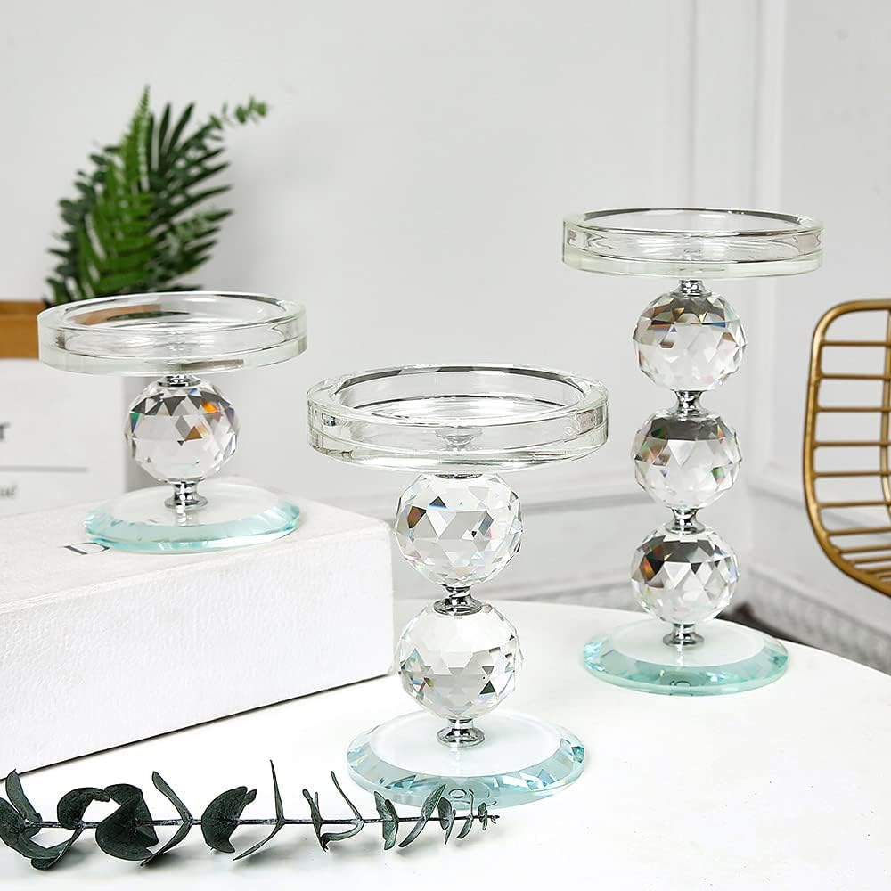 Crystal Pillar Candlestick Holder Set of 3 Clear Glass Candlestick Holder Ideal Centerpieces for Wedding and Birthday Party and Holidays : Home & Kitchen