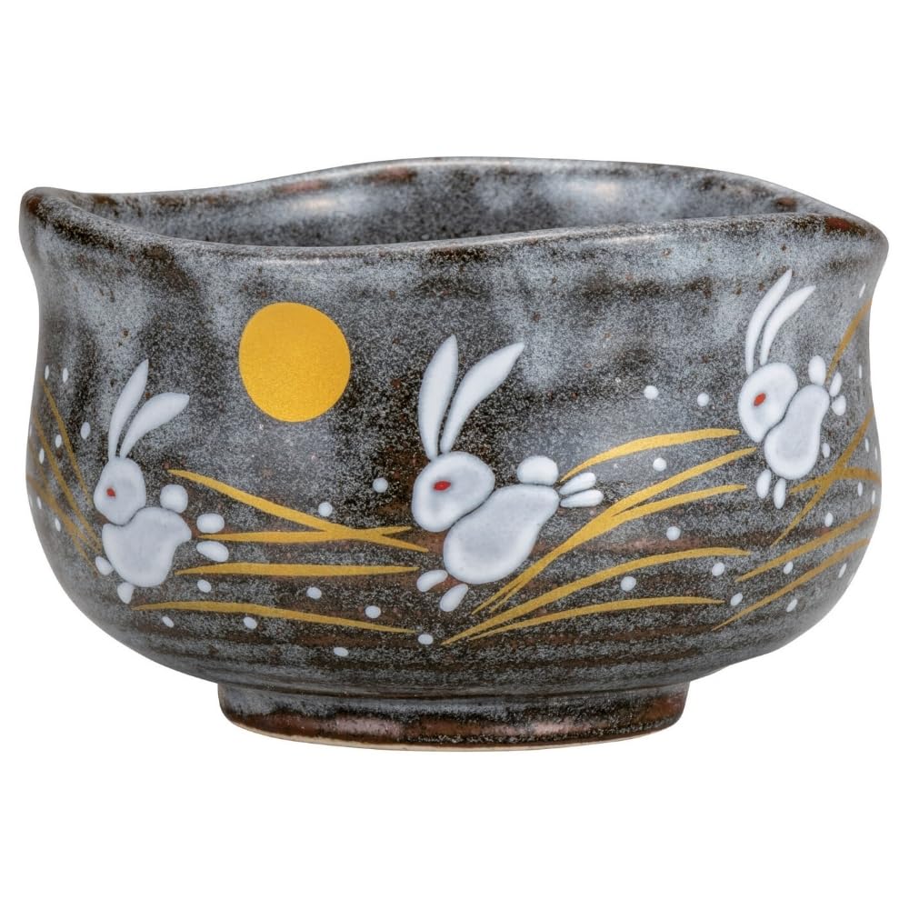 Kutani Ware Japanische Grüntee-Matcha-Schale mit niedlichen springenden Kaninchen, Kawaii, Usagi Haneusagi, hergestellt in Japan