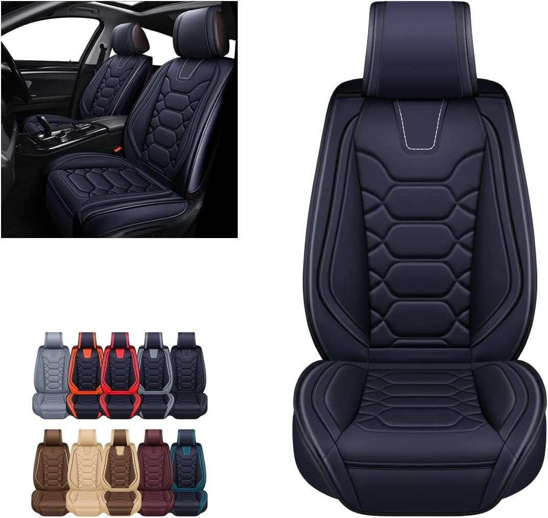 OASIS AUTO Car Seat Covers Accessories 2 Pieces Front Premium Nappa Leather Cushion Protector Universal Fit for Most Cars SUV Pick-up Truck, Automotive Vehicle Auto Interior Décor (OS-004 Black) FRONT PAIR BLACK