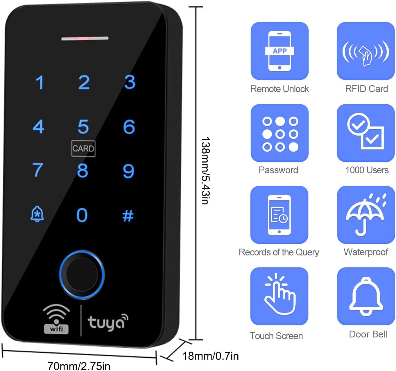 Front view of the F20K access control keypad with dimensions: 138mm height, 70mm width, 18mm depth.