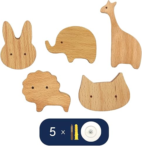 Bonitos ganchos de pared de madera de animales 5 x animales terrestres Ganchos decorativos para colgar abrigos, sombreros, bolsos, mochilas,
