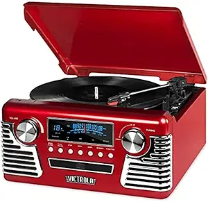 Victrola Haley Retro Bluetooth Record Player & Multimedia Center with Built-in Speakers - 3-Speed Turntable, CD Player, AM/FM Radio, 3.5mm Aux-In, Wireless Music Streaming, Red