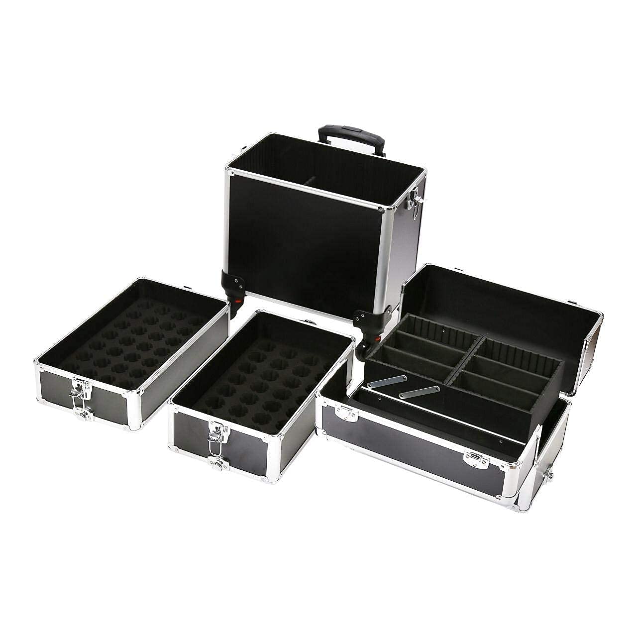 ADSON Professional Hairdressing Case Makeup Box Aluminium Cosmetic Vanity Trolley 4 In 1 Make-Up Nail Art Case Box With 360° Wheels (Black) 4