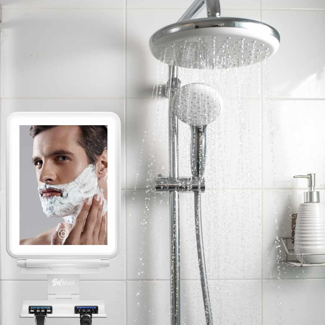 Beltruci Large Fogless Shower Mirror with Light, Anti-Fog, LED, Wall Mount, Dimmable with 3 Lighting Modes, Storage Shelf, Shaving, White