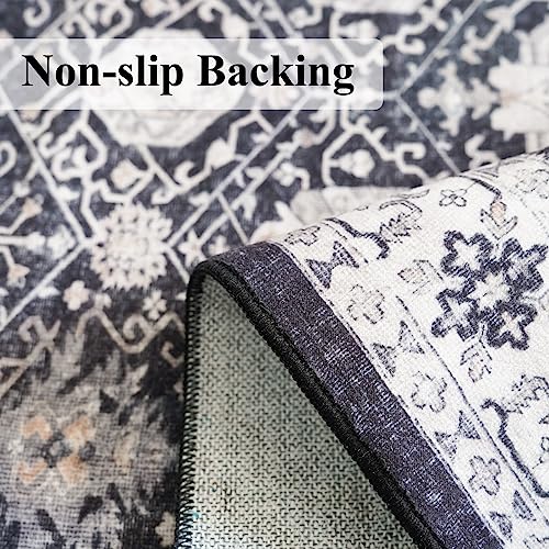 Washable Large 9x12 Area Rug: Indoor Oriental Living Room Carpet with Non Slip Backing Ultra Soft Low Pile Rugs for Bedroom Dining Room Distressed Stain Resistant Thin Floor Mat (9x12 Black)