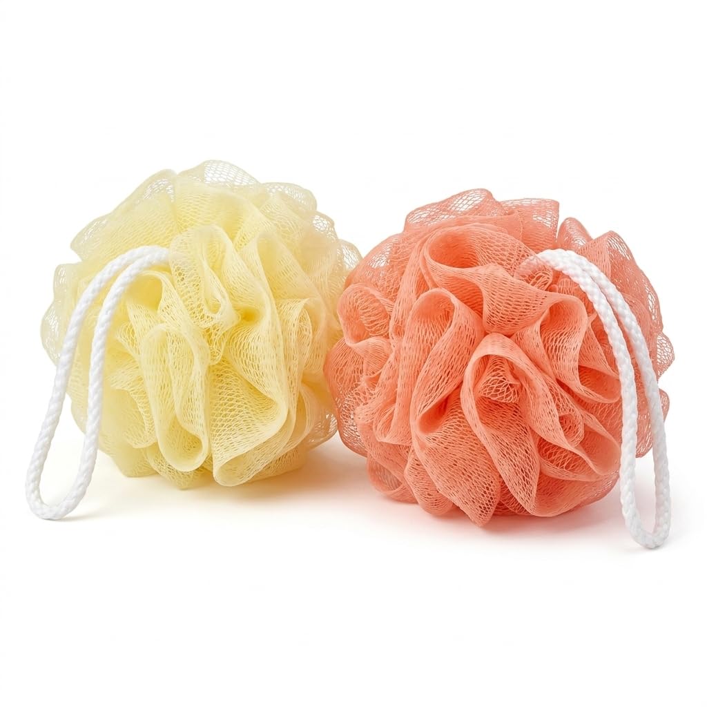 Skin Exfoliating Shower Loofah Combo Pack of 2 | Soft Mesh Bath Sponge Body Scrubber for Deep Cleansing & Gentle Exfoliation | Standard Size | Yellow & Orange | Hanging Loop Variant-picture-30