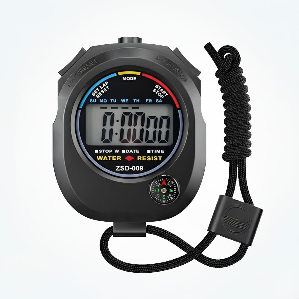 Vinesto Digital Stopwatch Timer with LCD Display | Multi-Function Sports Stopwatch with Lap Reset Time Date Alarm & Compass | Water Resistant Handheld Timer for Sports Training